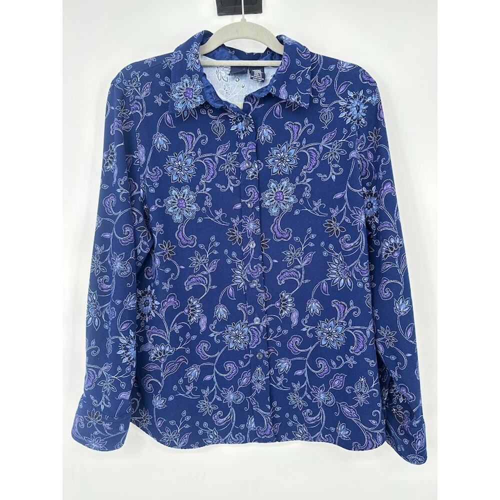 Basic Editions Blue Floral Button Down Shirt Top Womens Large Stretch Cottage